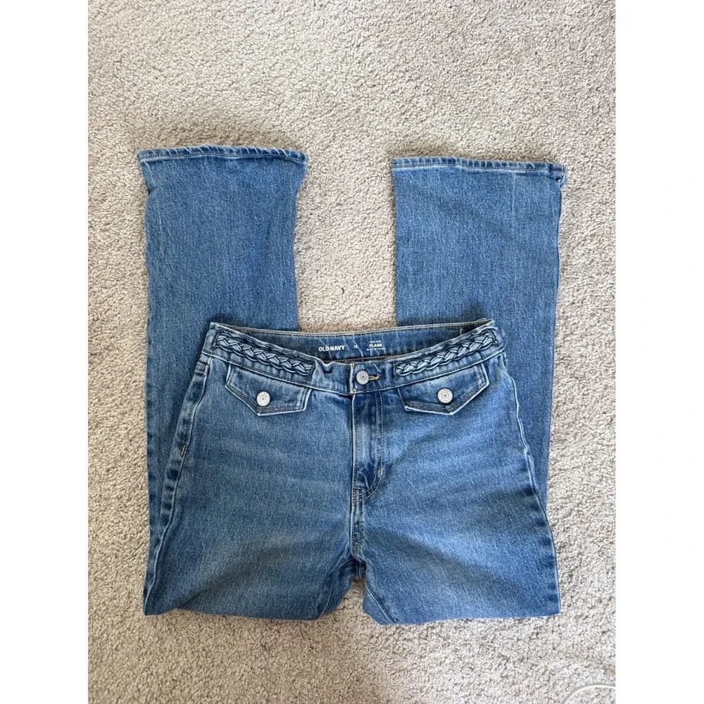 Old Navy Girls Blue High Rise Flare Jeans Braided Waist Built-In Tough Size 12